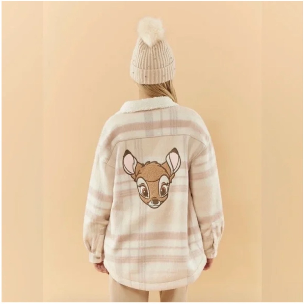 Disney × Forever 21 Cream and Pink Sherpa Bambi Flannel Jacket Sz S